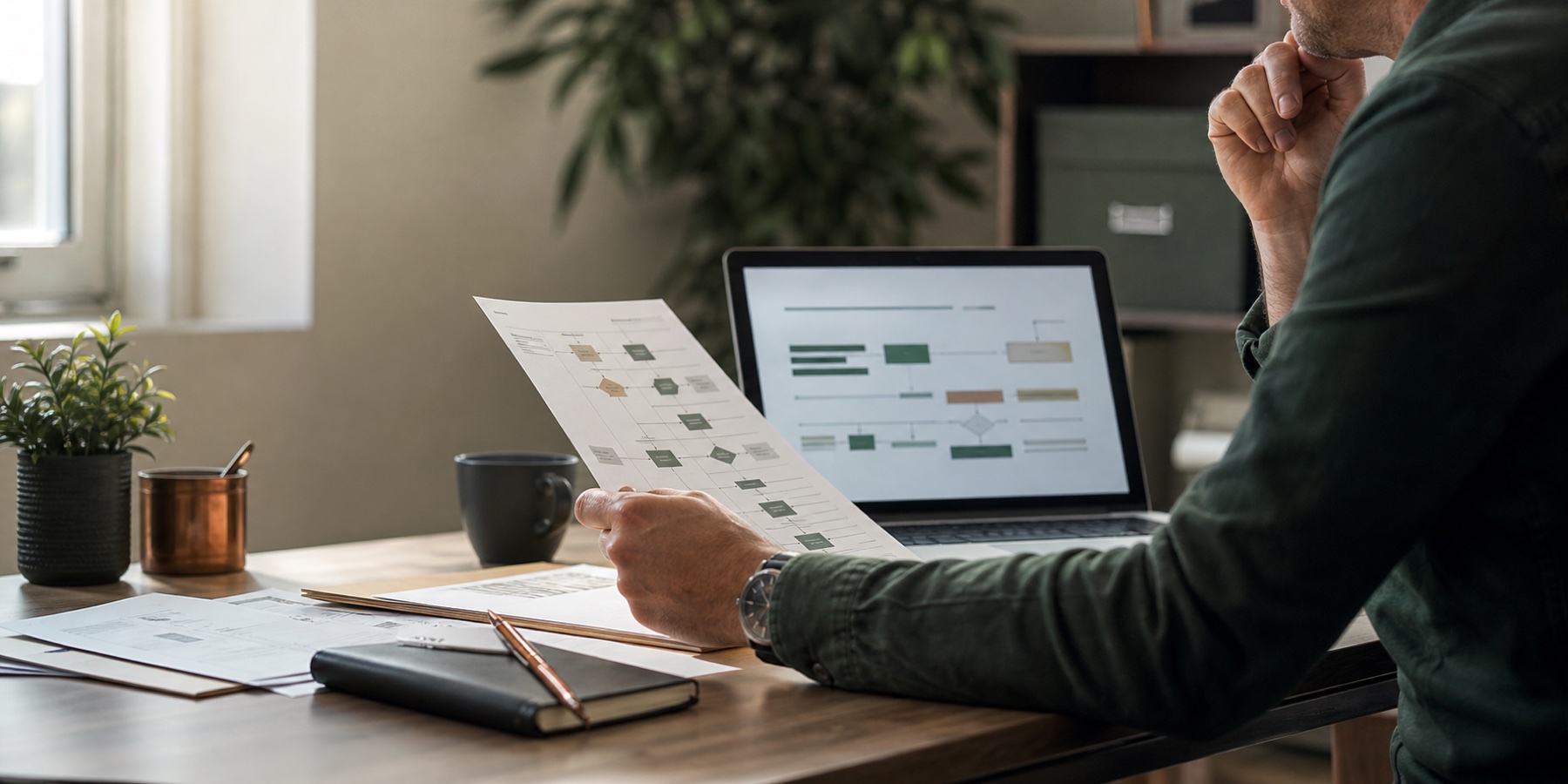 A business owner reviews a supervised AI workflow across documents and decision points